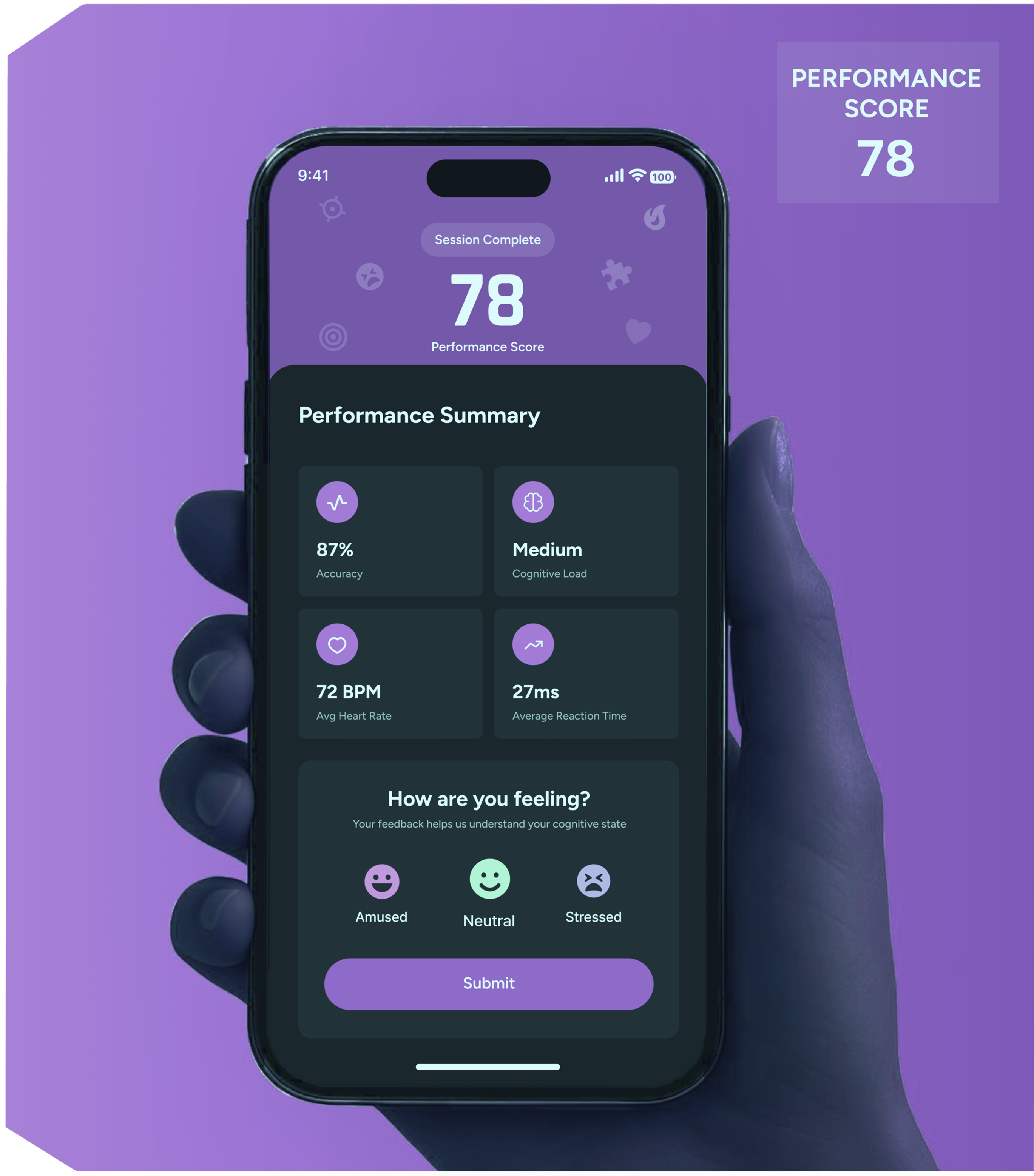Pulse Focus live performance summary on a phone: score, accuracy, and session feedback.